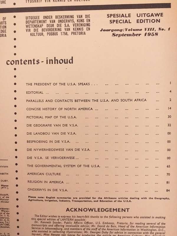 Lantern Tydskrif Magazine Jul - Sept 1958 vol 8 nr 1 Spotlight on the USA