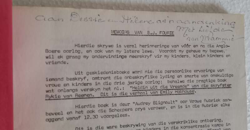 Memoirs SJ Fourie (privately published type manuscript) Some Anglo Boer war content
