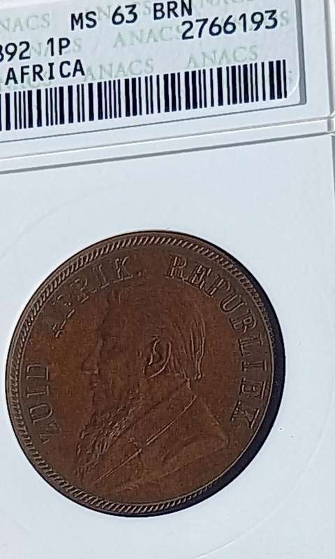 1892 ZAR Anacs MS63 BRN pennie penny