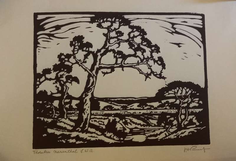 Linosniee afdruk van Doringboom Marienthal SWA deur Jacob Hendrik Pierneef