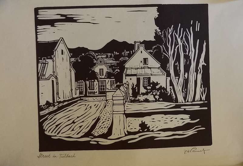 Linosniee afdruk van Straat in Tulbagh deur Jacob Hendrik Pierneef