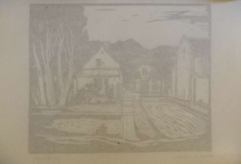 Linosniee afdruk van Straat in Tulbagh deur Jacob Hendrik Pierneef
