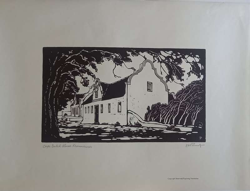 Linosniee afdruk van Kaaps Hollandse huis Krommerivier deur Jacob Hendrik Pierneef