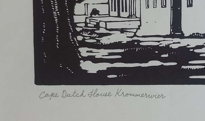 Linosniee afdruk van Kaaps Hollandse huis Krommerivier deur Jacob Hendrik Pierneef