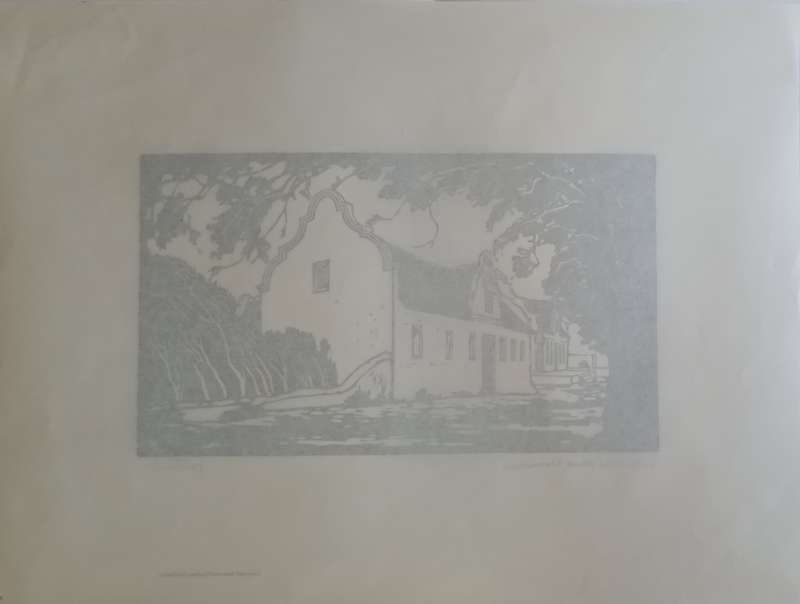Linosniee afdruk van Kaaps Hollandse huis Krommerivier deur Jacob Hendrik Pierneef