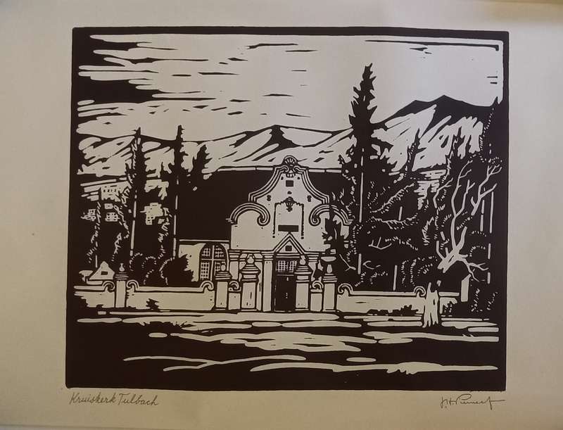 Linosniee afdruk van Kruiskerk Tulbagh deur Jacob Hendrik Pierneef