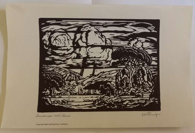 Linosniee afdruk van Landskap met huis deur Jacob Hendrik Pierneef