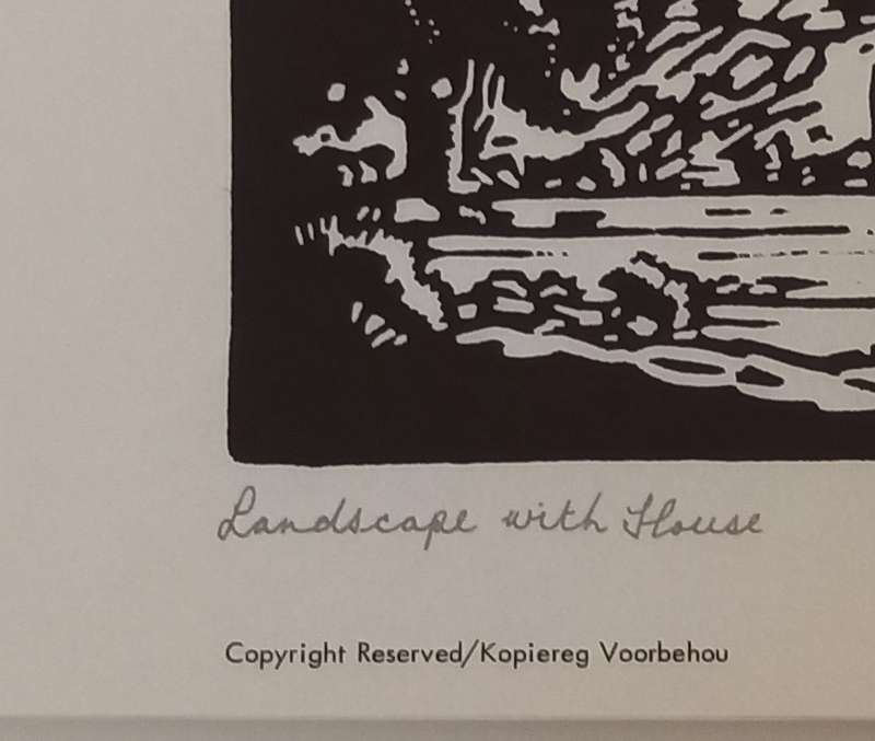 Linosniee afdruk van Landskap met huis deur Jacob Hendrik Pierneef