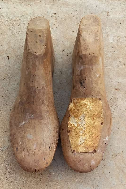 Antique pair of wooden shoe forms approx 25cm long