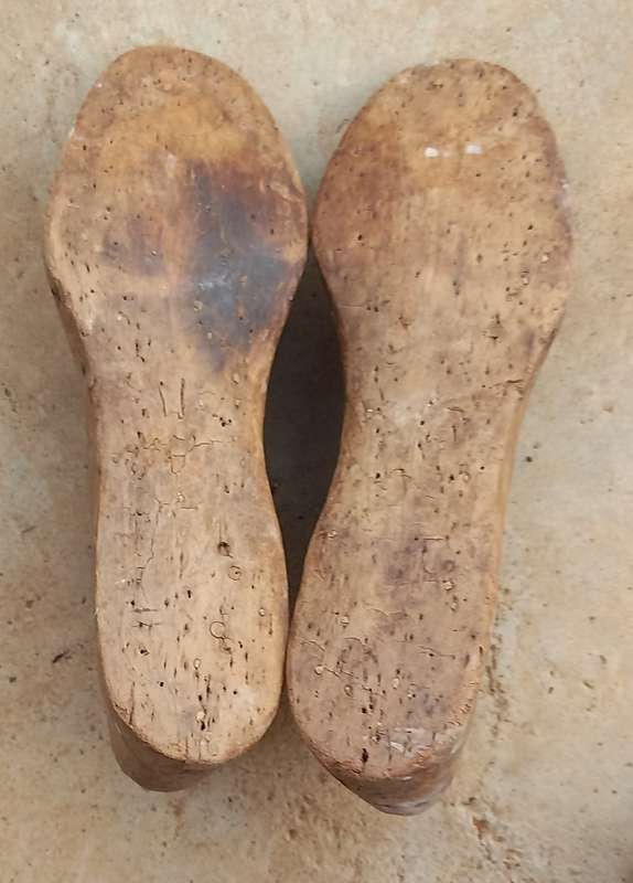 Antique pair of wooden shoe forms approx 25cm long