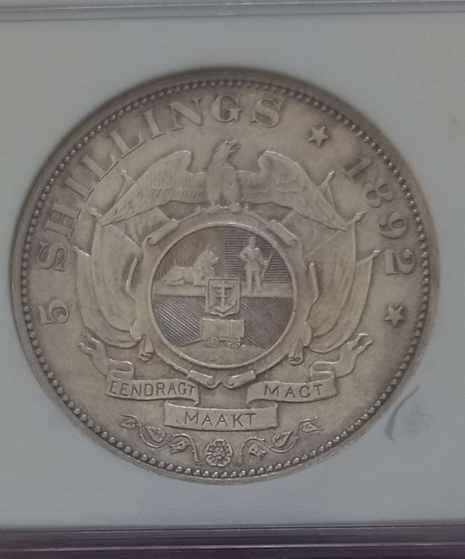 ZAR 1892 5 shilling single shaft NGC MS 61