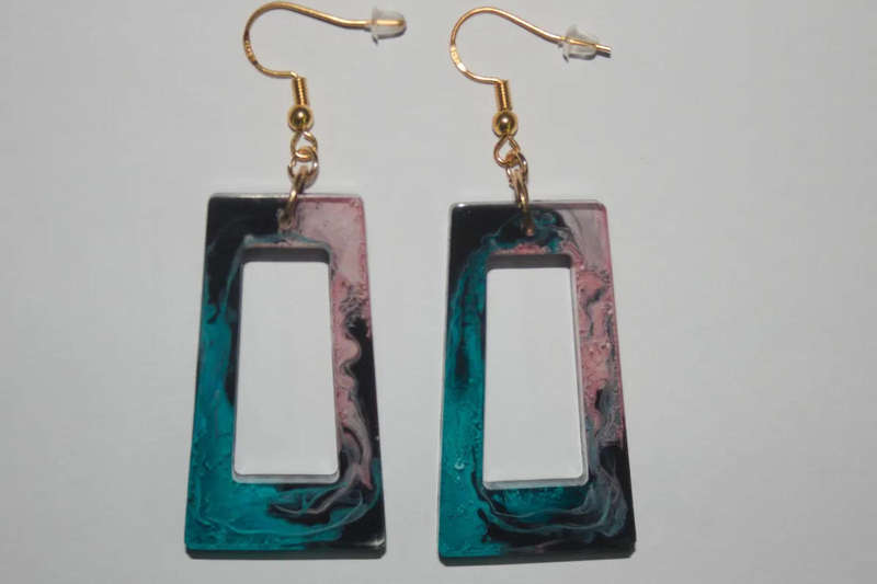 Handcrafted Rectangular Swirl Earrings  Teal, Pink & Black