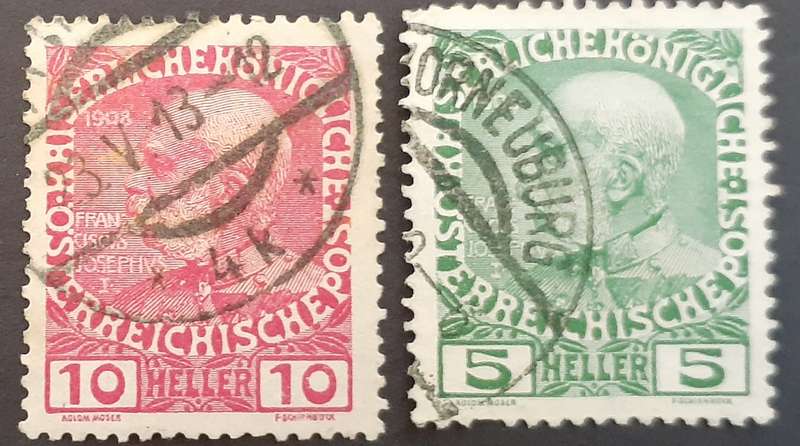Stamp - Austria - Anni. Franz Josef x 2 - 1913- Used