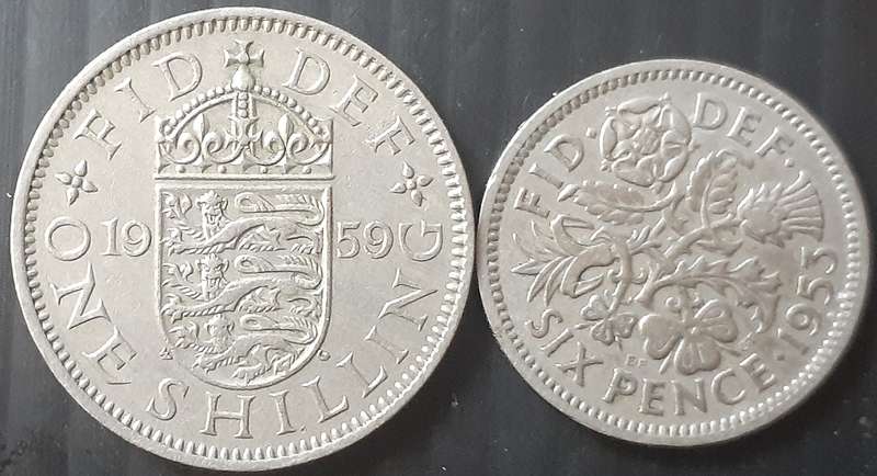 Coin - UK - 1 x Sixpence 1953/1 x Shilling 1959 - used