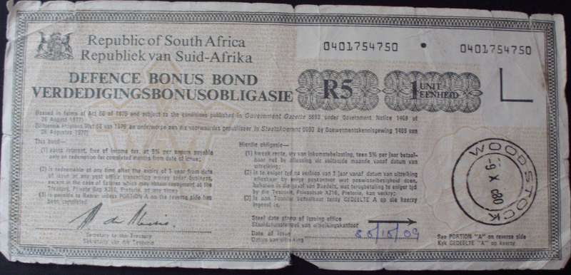 SADF - Defence Bonus Bond - R5 - 1985
