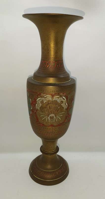 Brass Vase - highly decorated - hand painted - height - 305 mm - 100 mm diameter at the top