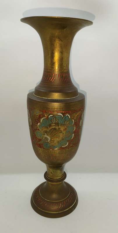 Brass Vase - highly decorated - hand painted - height - 305 mm - 100 mm diameter at the top