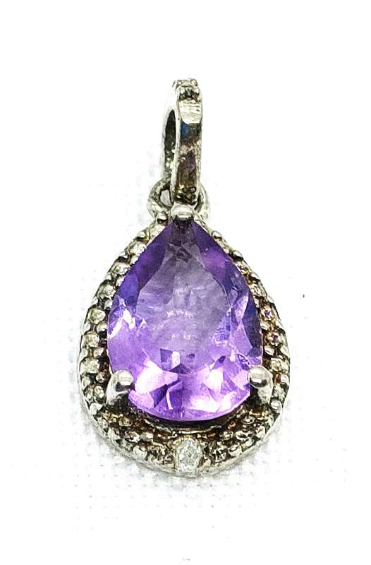 Large Amethyst and diamond sterling silver pendant - 925 stamp -