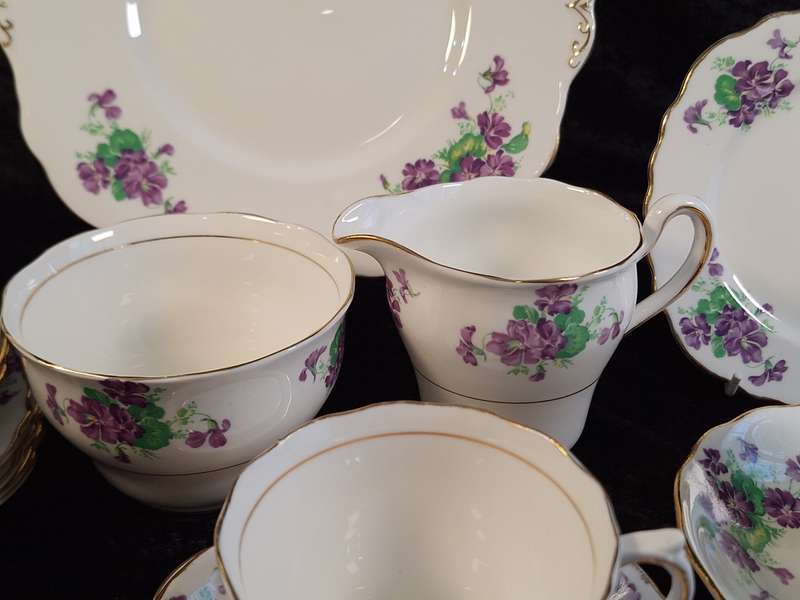 Vintage 1940's Purple Violets Colclough Bone China Tea Service.