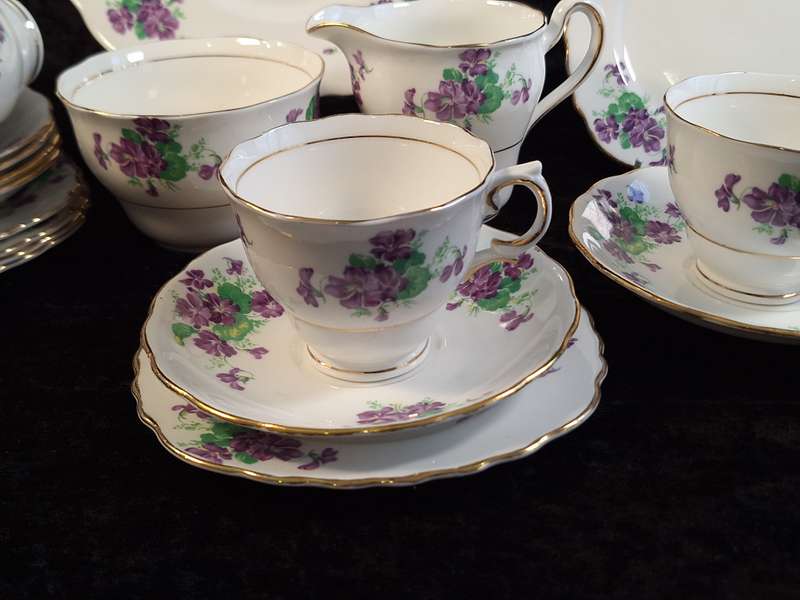 Vintage 1940's Purple Violets Colclough Bone China Tea Service.