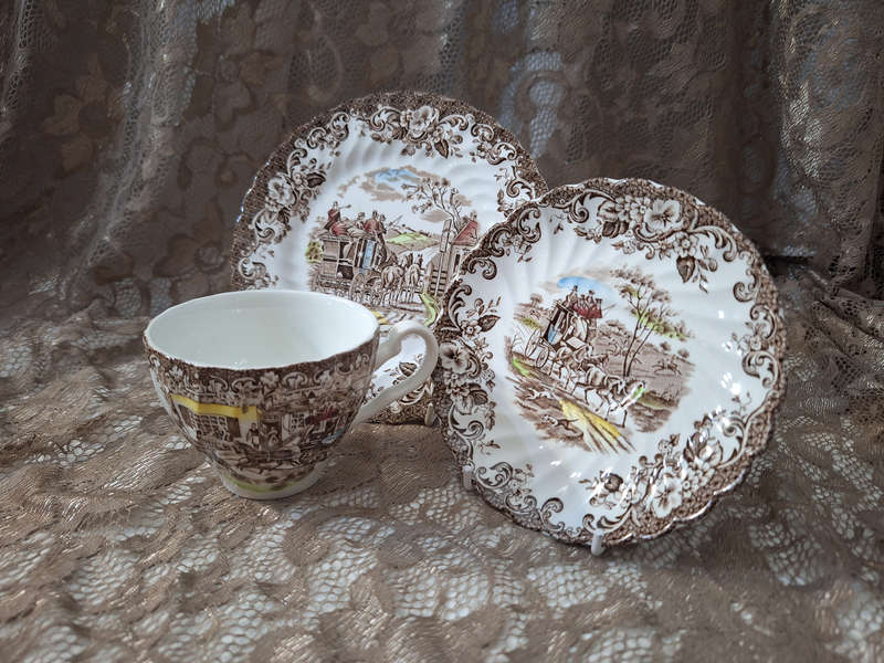 Beautiful Johnson Bros Ironstone Coaching Scenes Tea Trio - B.