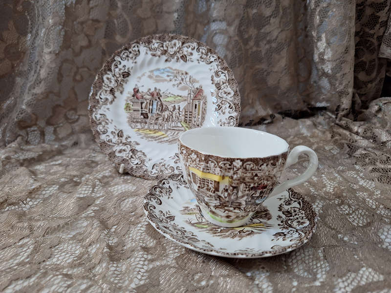 Beautiful Johnson Bros Ironstone Coaching Scenes Tea Trio - B.