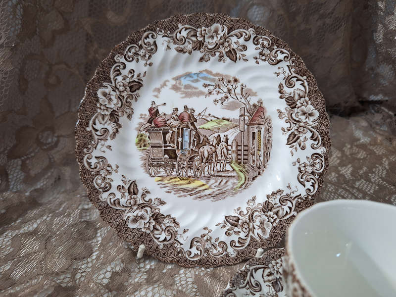 Beautiful Johnson Bros Ironstone Coaching Scenes Tea Trio - A.