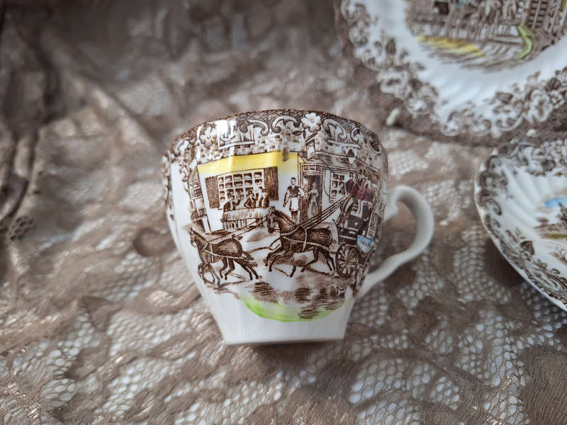 Beautiful Johnson Bros Ironstone Coaching Scenes Tea Trio - A.