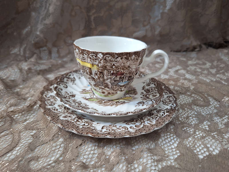Beautiful Johnson Bros Ironstone Coaching Scenes Tea Trio - A.