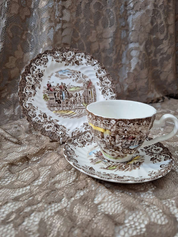 Beautiful Johnson Bros Ironstone Coaching Scenes Tea Trio - E.
