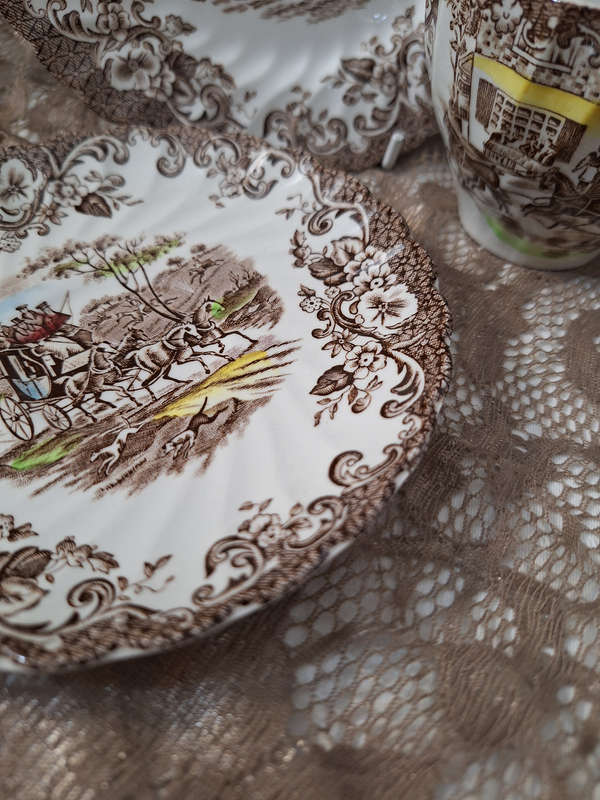 Beautiful Johnson Bros Ironstone Coaching Scenes Tea Trio - E.