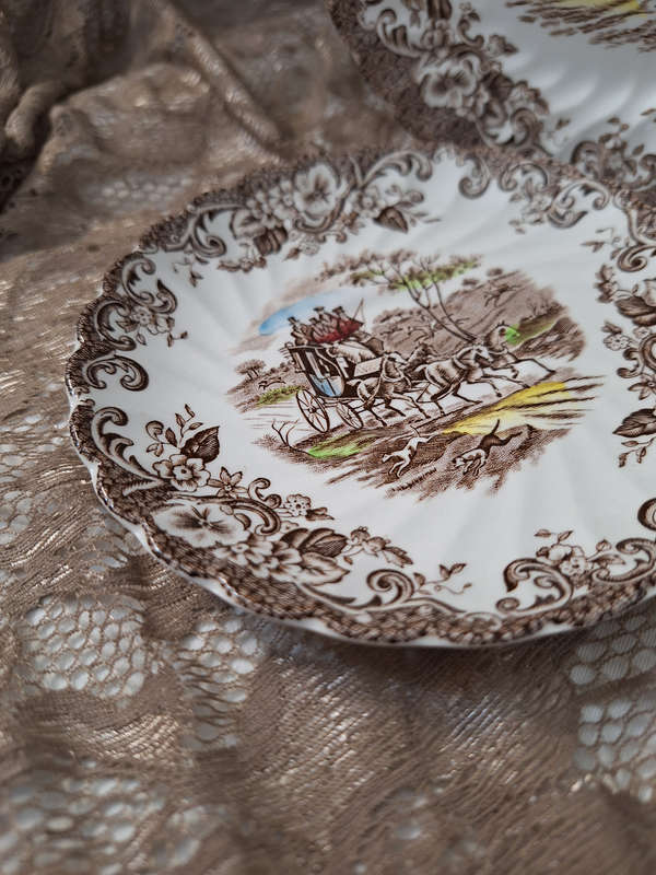 Beautiful Johnson Bros Ironstone Coaching Scenes Tea Trio - E.