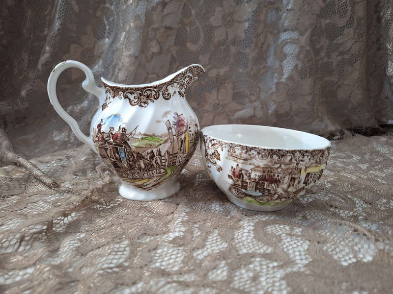 Beautiful Johnson Bros Ironstone Coaching Scenes Milk and Sugar Set.