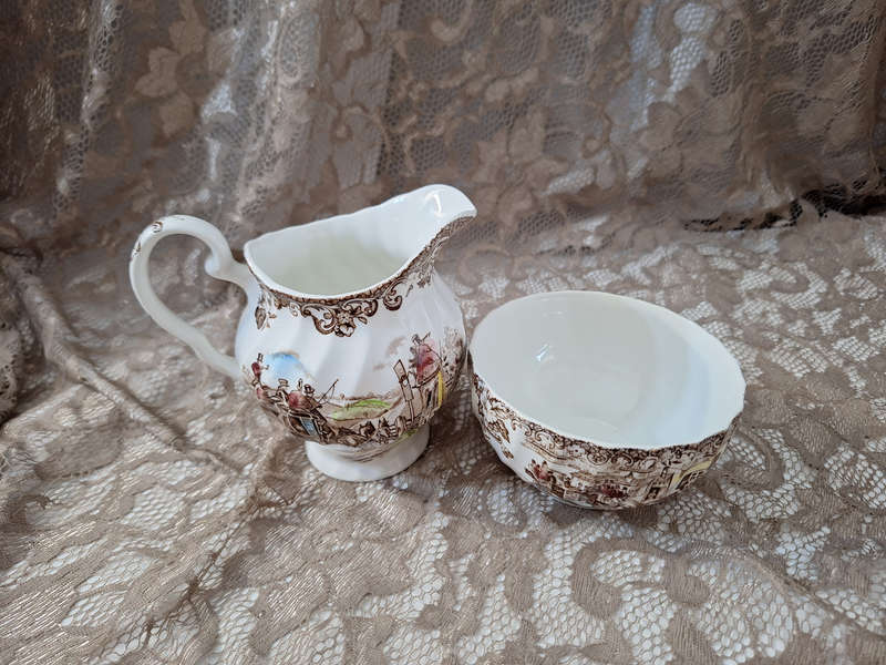 Beautiful Johnson Bros Ironstone Coaching Scenes Milk and Sugar Set.