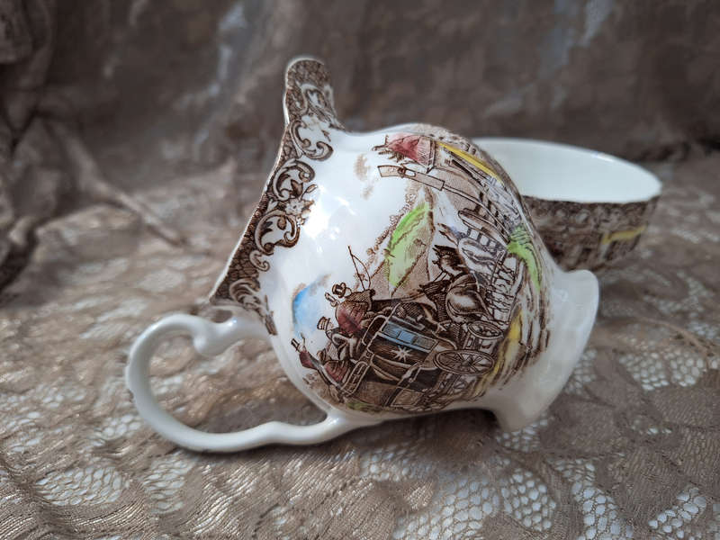 Beautiful Johnson Bros Ironstone Coaching Scenes Milk and Sugar Set.