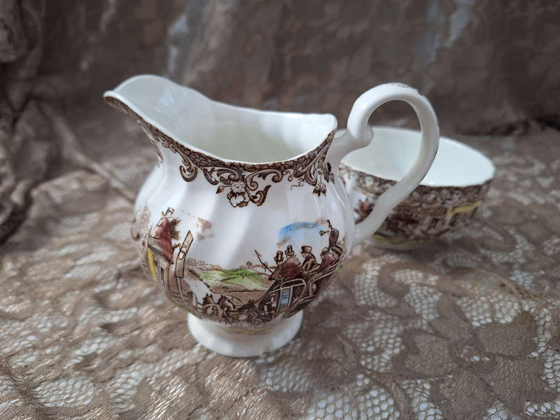 Beautiful Johnson Bros Ironstone Coaching Scenes Milk and Sugar Set.