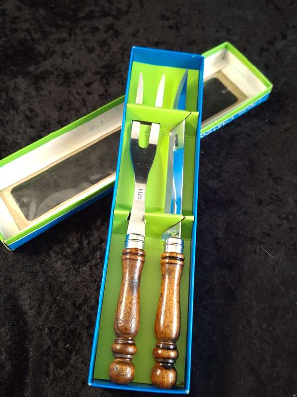 Vintage 2 Piece Stainless Steel & Wood Carving Set