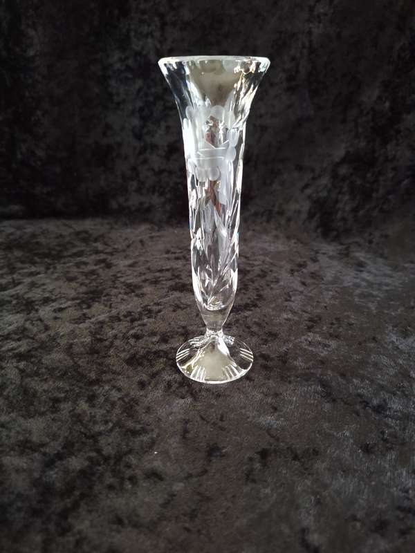 Small Vintage Rose cut Crystal Trumpet Bud Vase.