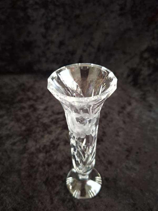 Small Vintage Rose cut Crystal Trumpet Bud Vase.