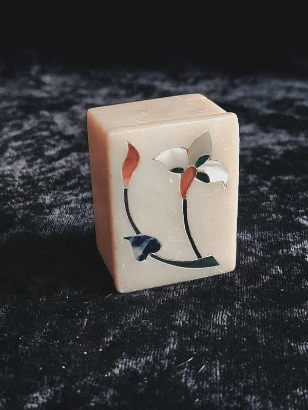 Vintage Indian Hand Carved Soapstone with Mother of Pearl inserts Trinket