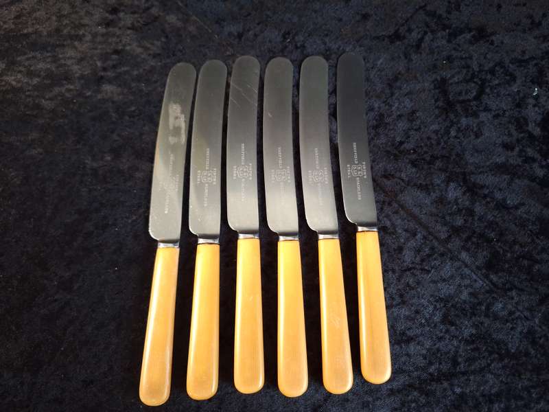 Vintage Set of 6 Firth's Sheffield Stainless-Steel Dinner Knifes (Faux Bone Handles)