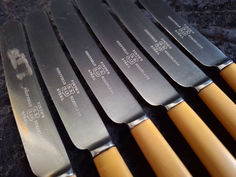 Vintage Set of 6 Firth's Sheffield Stainless-Steel Dinner Knifes (Faux Bone Handles)