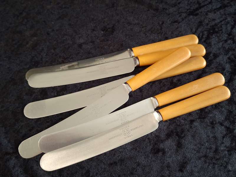 Vintage Set of 6 Firth's Sheffield Stainless-Steel Dinner Knifes (Faux Bone Handles)