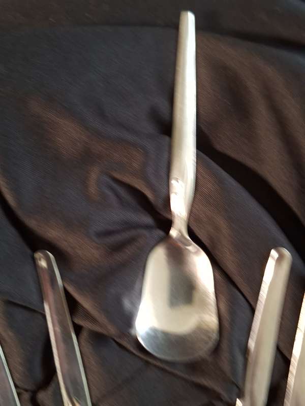 Vintage Set of 6 Stainless Steel Cake Forks & Sugar Spoon Set.