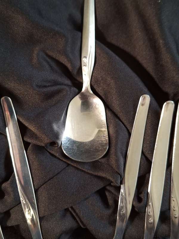 Vintage Set of 6 Stainless Steel Cake Forks & Sugar Spoon Set.