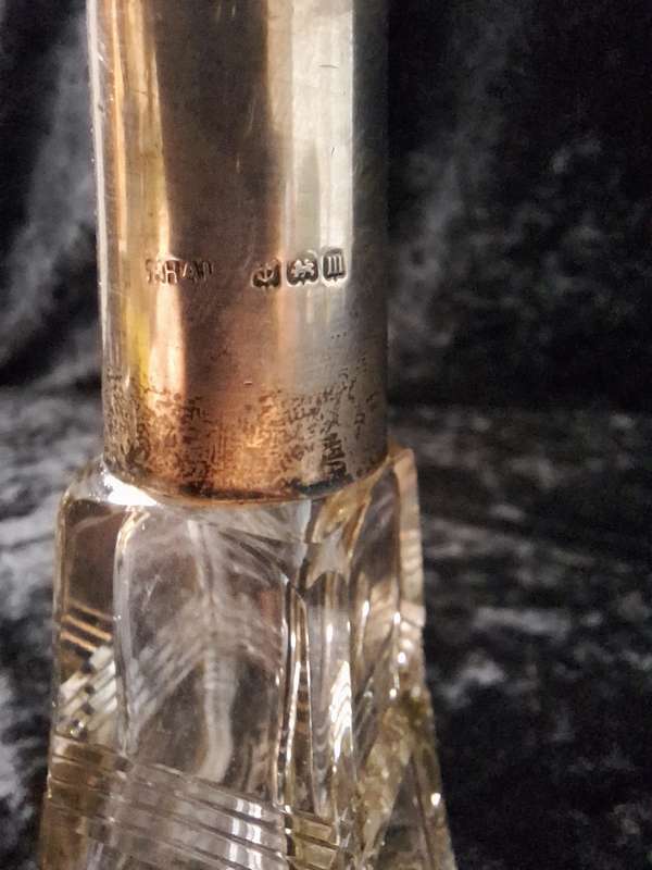 Vintage 1930's Cut Glass Scent Bottle with Silver Sleeve. (Some Damage)
