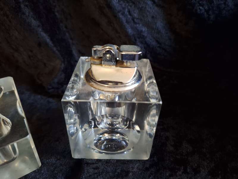 Stunning Vintage 1970's Cut Glass Desk Lighter and Ashtray Set