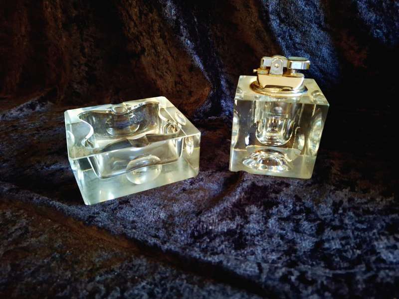 Stunning Vintage 1970's Cut Glass Desk Lighter and Ashtray Set