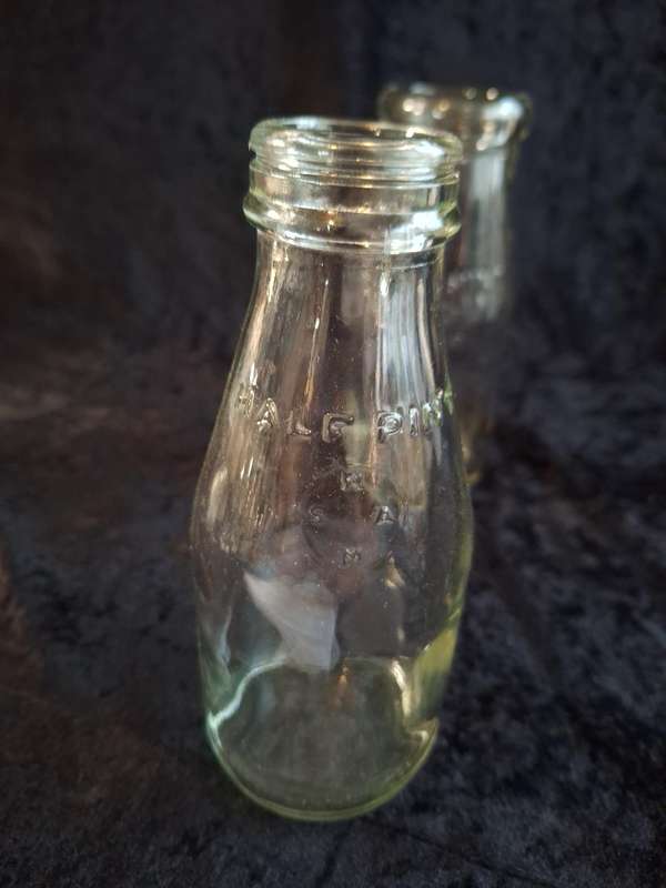 Vintage 1920's Half Pint Glass Milk Bottles.
