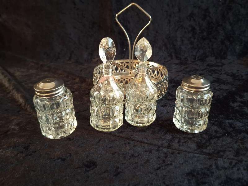 Beautiful Vintage Silver Plate and Pressed Glass Cruet set.
